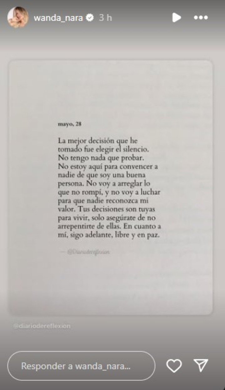El mensaje que compartió Wanda Nara. Fotos: Instagram.