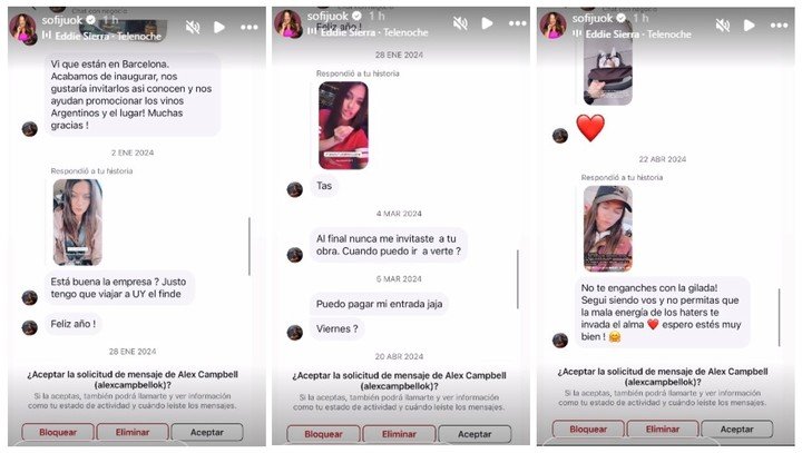 Jujuy mostró los mensajes que le enviaba Alex Campbell. Instagram.