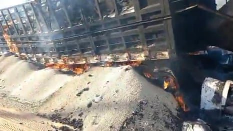 Footage shows UN aid truck on fire following deadly attack in Sudan – video