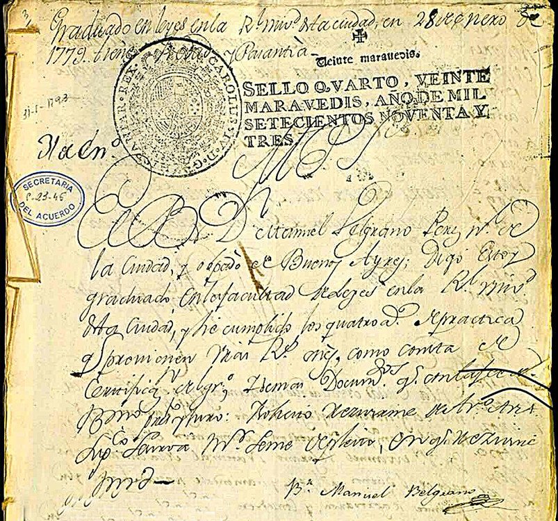 Manuscrito. El documento en el que Belgrano solicita su habilitación como abogado, con su firma al pie.