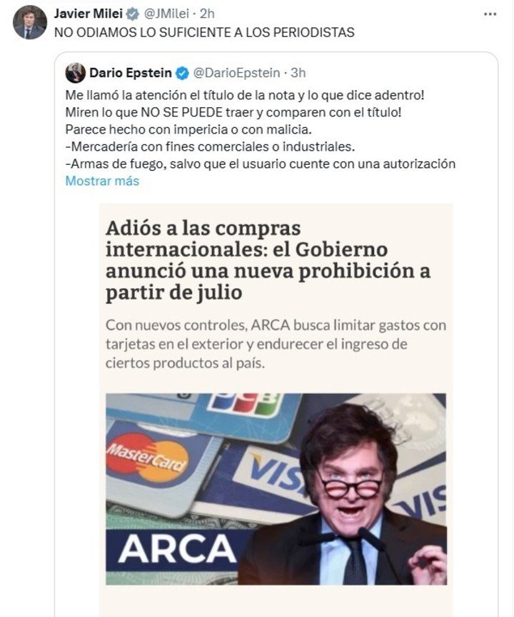 Javier Milei volvió a apuntar contra los periodistas por una nota de El Cronista.