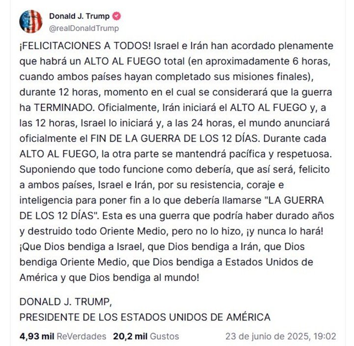 El posteo con el que Trump anunció el cese el fuego entre Israel e Irán