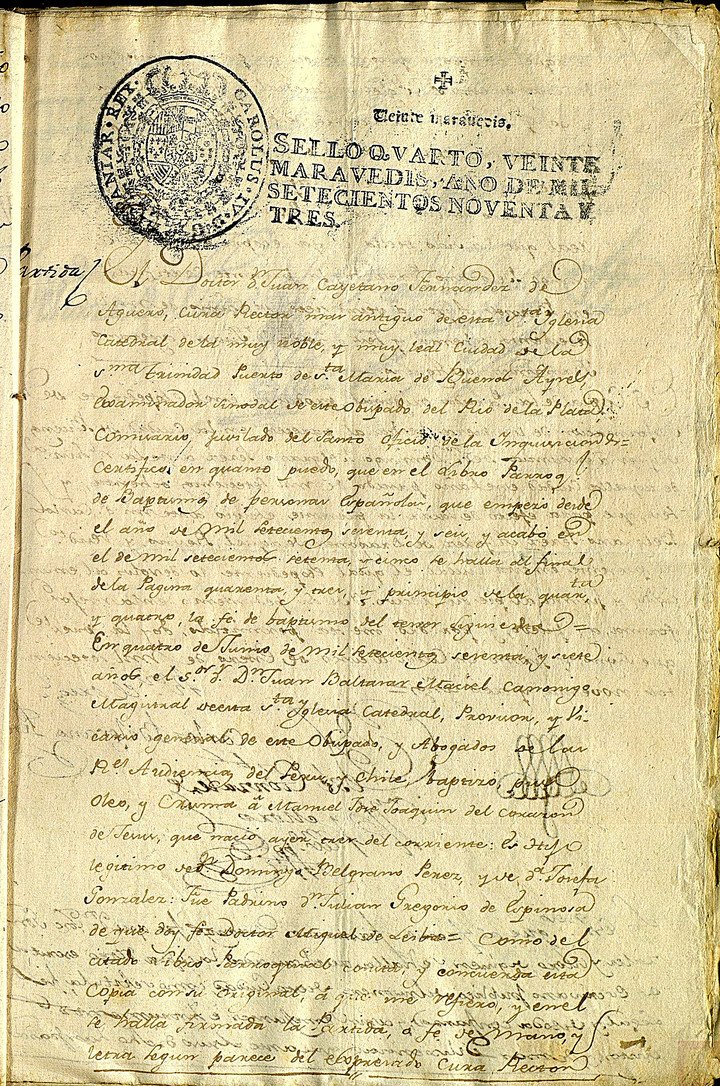 Partida bautismal. Dice que Manuel Belgrano, hijo de don Domingo Belgrano Pérez y de doña Josefa González, nació el 3 de junio de 1767. 