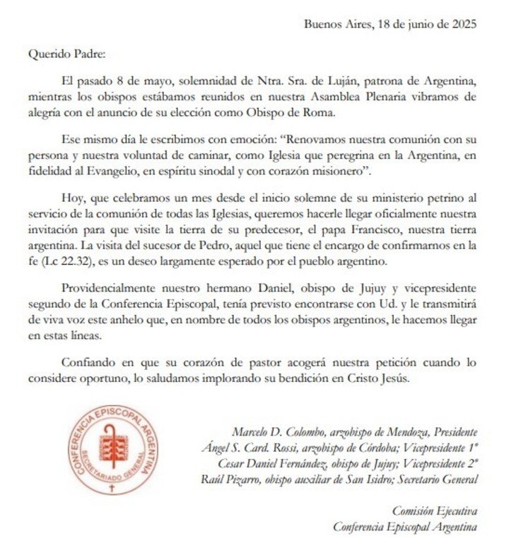 La invitación del episcopado argentino para que León XIV visite el país.