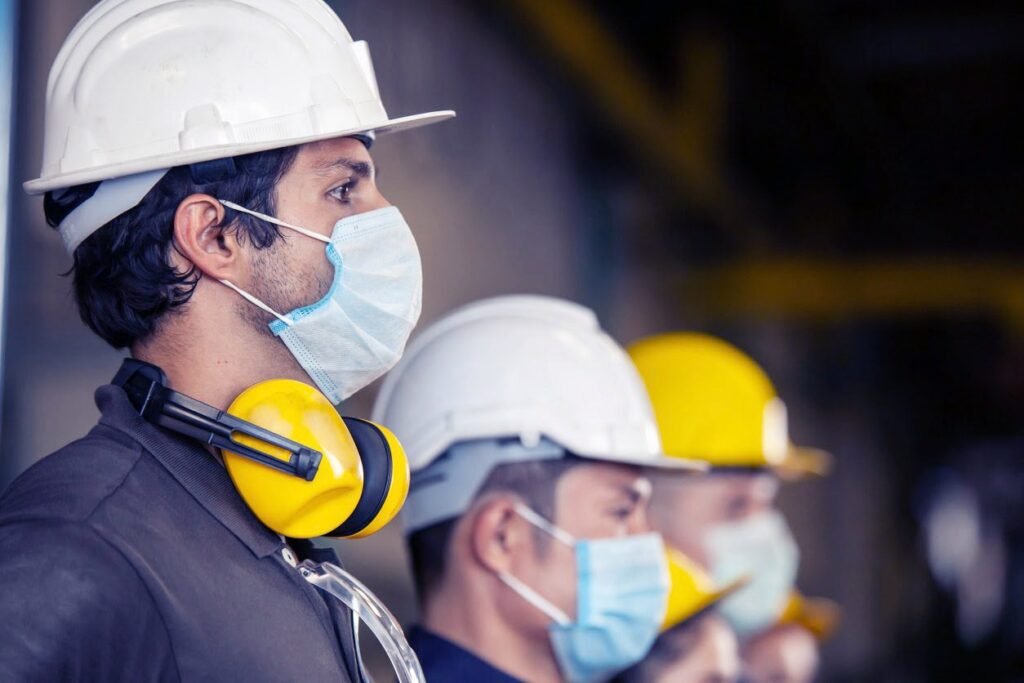 Workers wear protective face masks for safety in machine industrial factory.