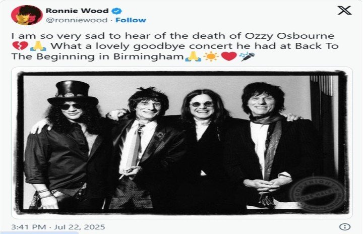 Murió Ozzy Osbourne: La despedida de Ronnie Wood en X. Foto: Captura