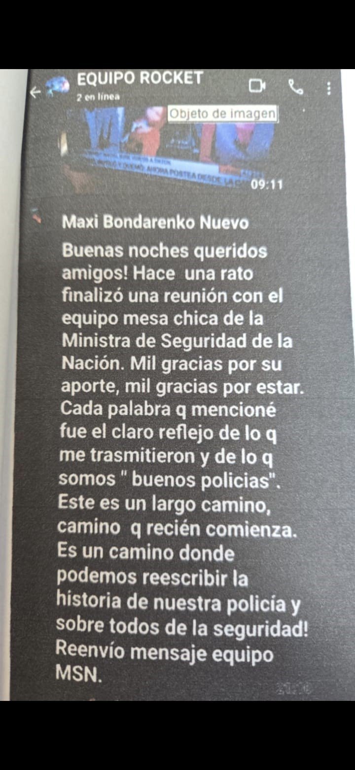 Captura del chat de supuesto grupo de whatsapp de Bondarenko con los oficiales de la Bonaerense cesanteados.