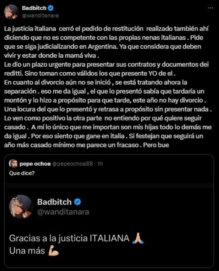 Wanda Nara anunció un fallo a su favor en la Justicia Italiana en el marco de la restitución internacional de sus hijas. | Foto: X