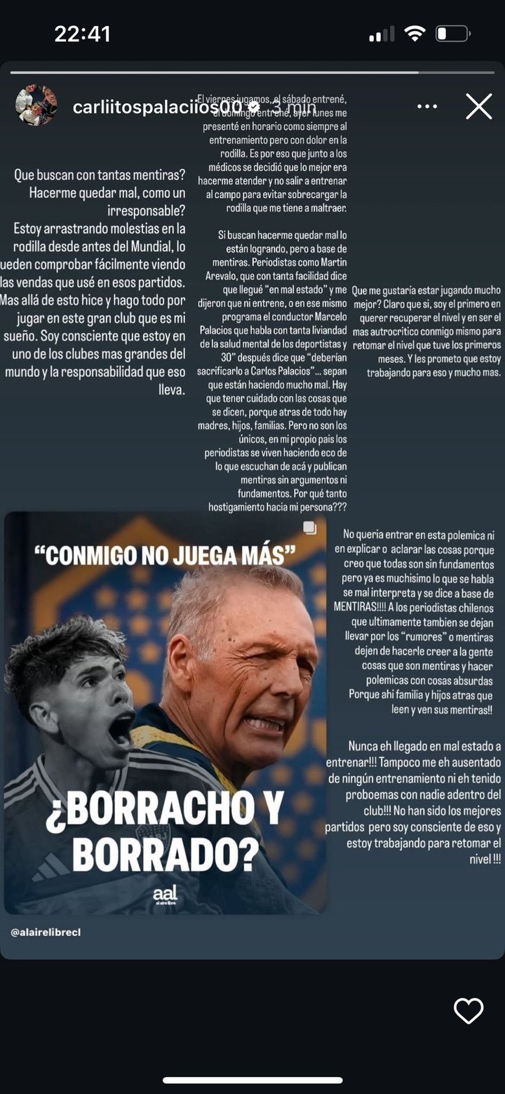 La historia que subió Carlos Palacios tras quedar fuera de la convocatoria en Boca.