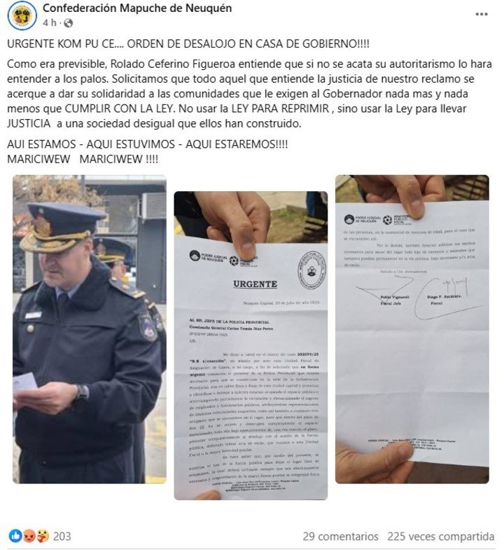 La publicación de la Comunidad Mapuche de Neuquén en Facebook.