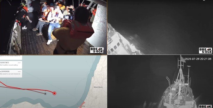 Captura de video cedida por la Coalición Flotilla de la Libertad del interior y exterior del barco Handala ubicado a cuarenta millas náuticas de la costa de Gaza en aguas internacionales. Foto: EFE