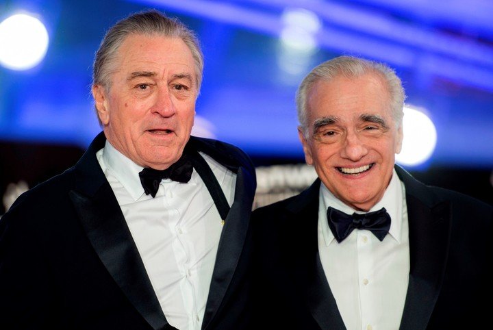 Robert De Niro (izq) junto a Martin Scorsese en la presentación de la película "El irlandés", sobre la vida de Hoffa (AFP). 
