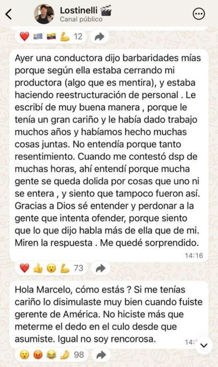En un canal de difusión, Marcelo Tinelli compartió el mensaje que le habría enviado Florencia de la V.