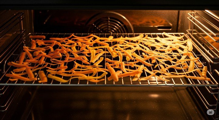 Secá las cáscaras al sol o al horno (bajo, sin aceite ni condimentos). Foto: Generada con IA de Gemini.