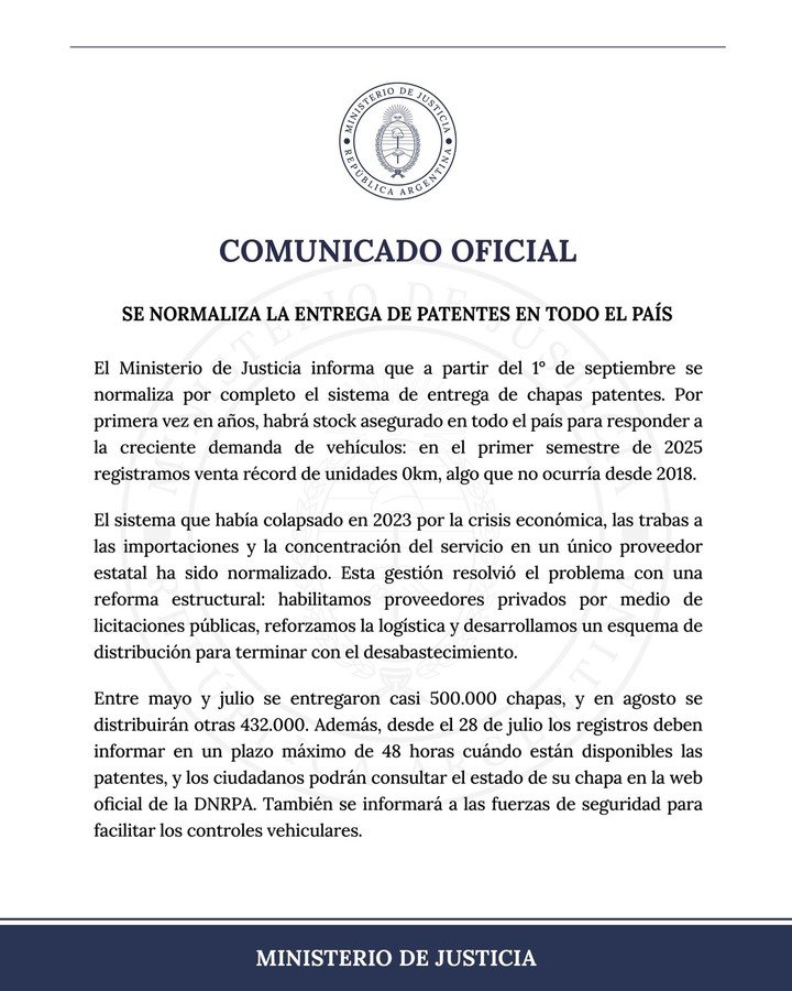 Comunicado del Ministerio de Justicia.