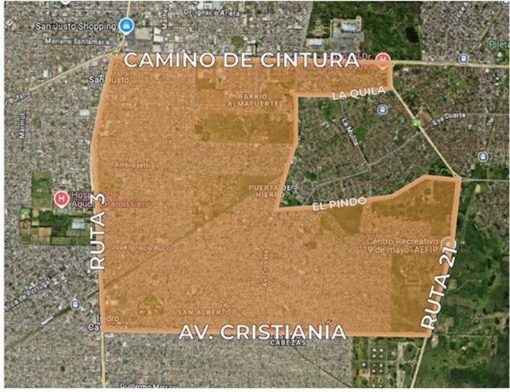 La zona propuesta para la Ciudad Papa Francisco, delimitada por las avenidas Cristianía y Crovara, y las rutas provinciales 3 y 21.