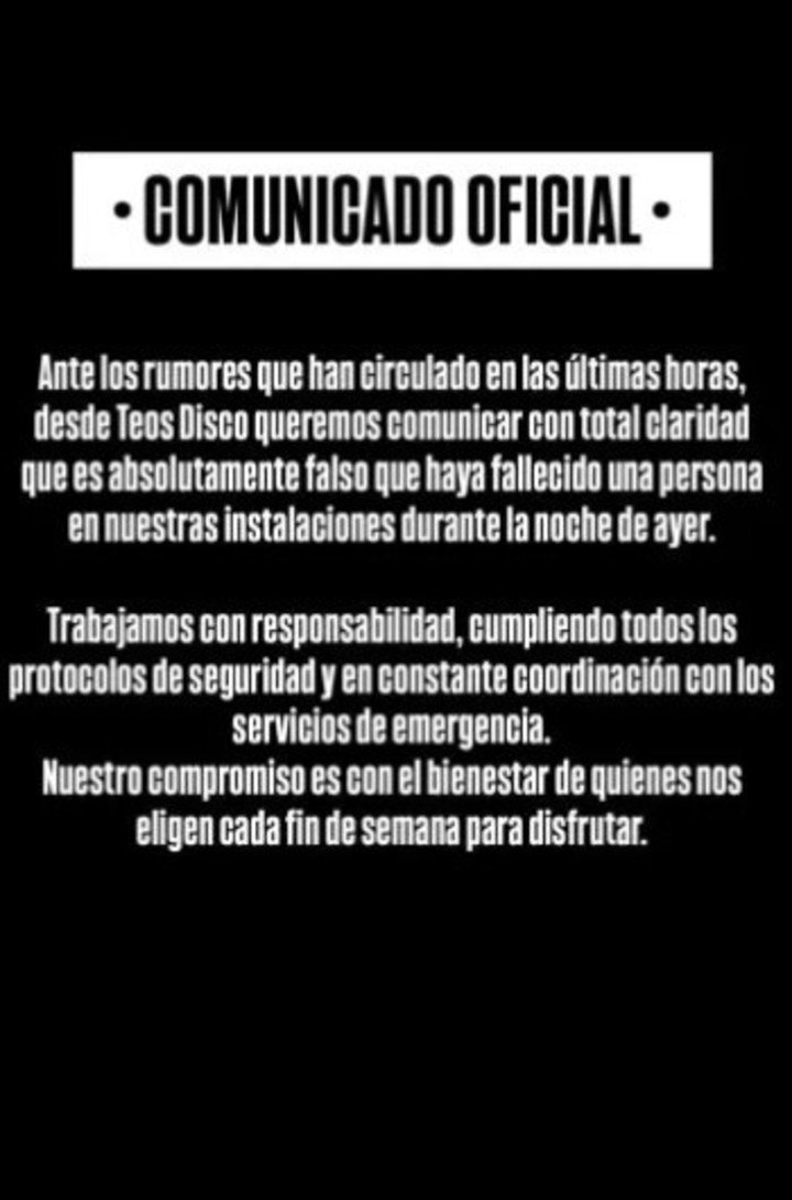 El comunicado oficial de Teos Disco tras el descontrol del sábado por la noche.