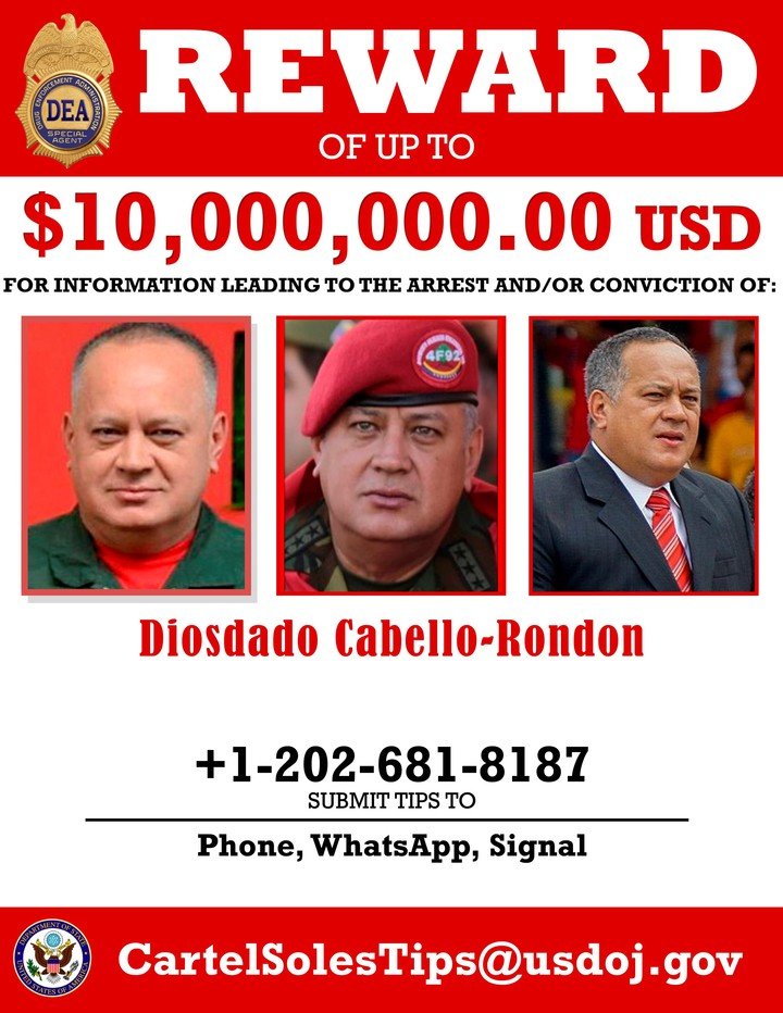 Un aviso del Departamento de Justicia de Estados Unidos ofrece una recompensa por Diosdado Cabello, en 2020. Foto: AP