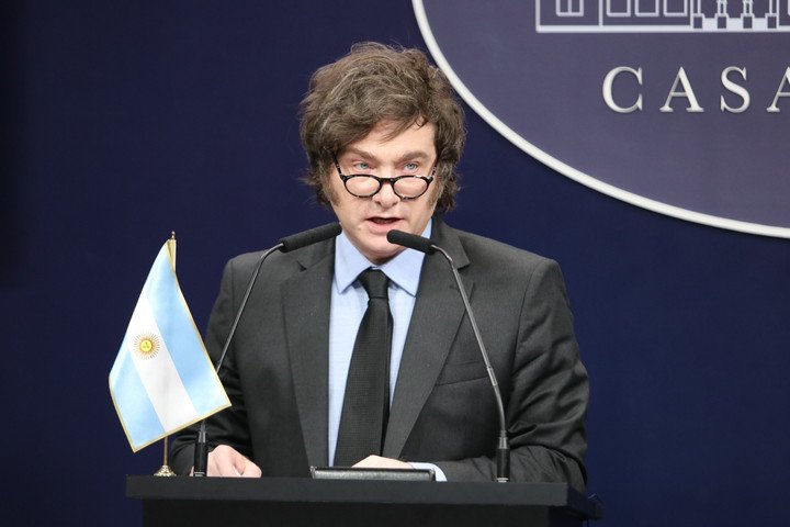 Presidente Javier Milei en Casa Rosada cuando brinda conferencias de prensa