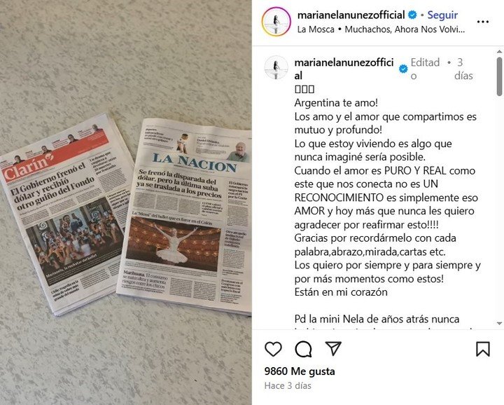 Posteo de Marianela Núñez en Instagram.