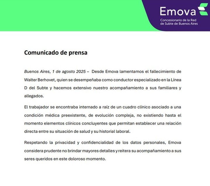 Emova descarta que la muerte del trabajador aludido por el gremio está vinculada a su historia laboral.