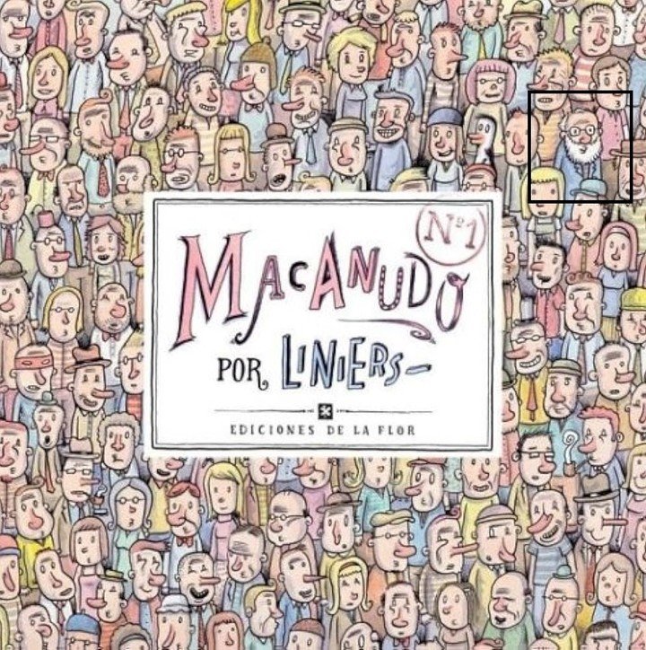 Daniel Divinsky aparece entre las decenas de personajes de la portada del libro Macanudo 1, de Liniers, editado por De la Flor. Foto: Twitter.