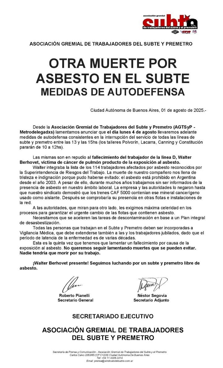 Comunicado del gremio de trabajadores del subte que anuncia un paro de dos horas para el lunes